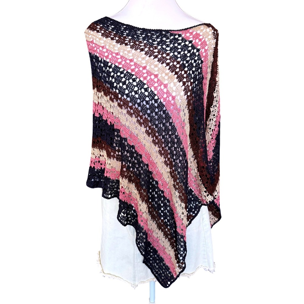 Crochet Knit Poncho Striped Asymmetrical Boho Festival Top Multicolor Indira OS